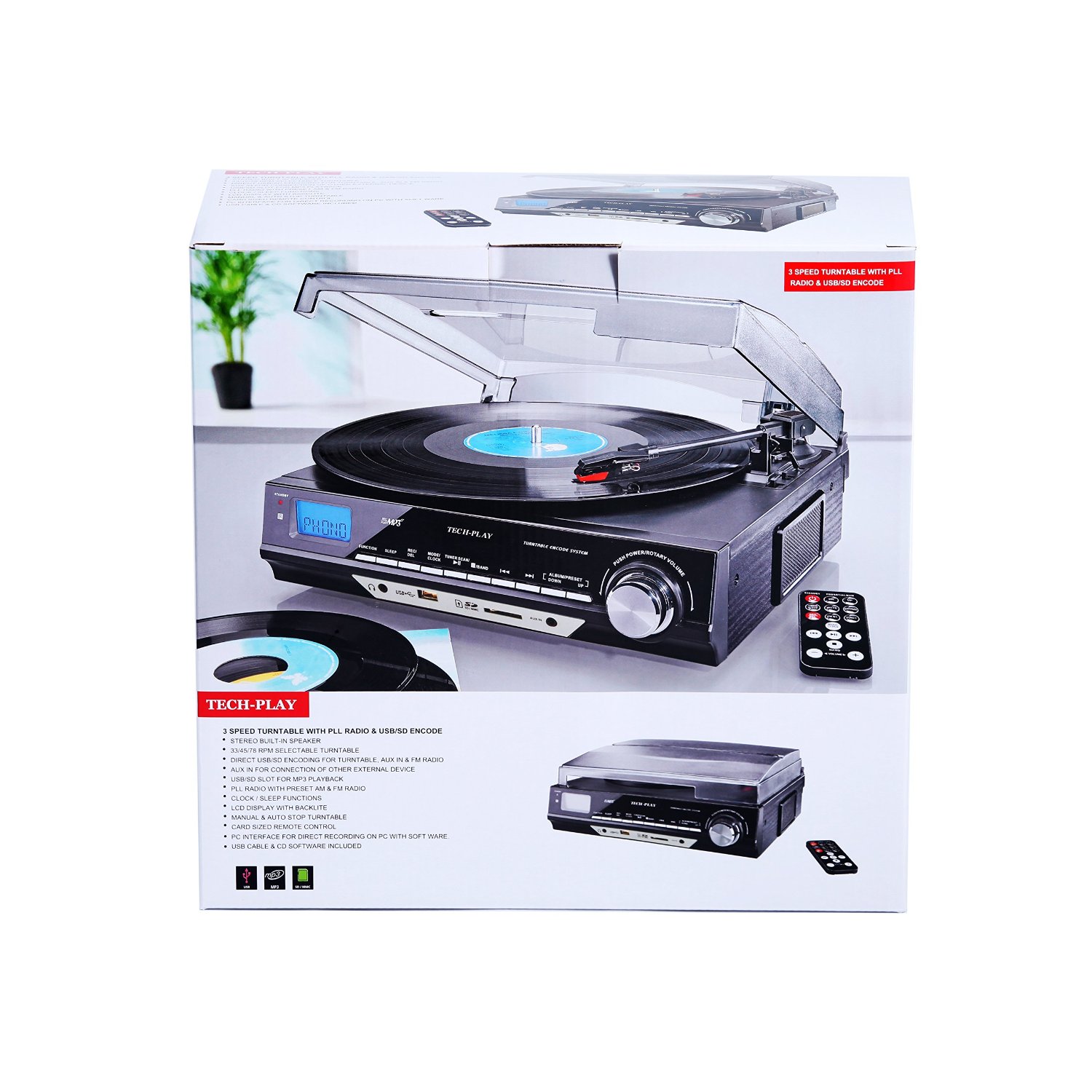 TechPlay ODC18-BS Retro Classic 3-Speed Turntable W/SD USB, MP3